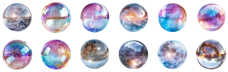 Colorful glass orbs depicting cosmic and ethereal