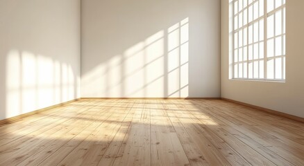 Obraz premium Spacious empty room with light wood flooring and large windows casting natural light on the floor