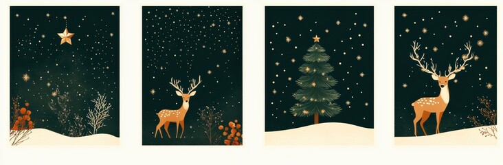 Fototapeta premium Set of four enchanting Christmas cards featuring a serene winter night with a reindeer, Christmas tree, and starry sky illustration