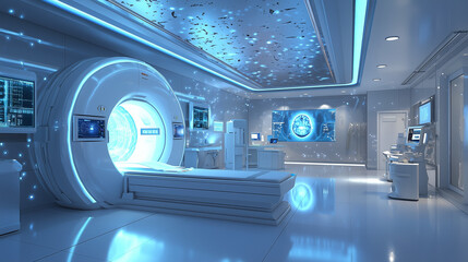 Obraz premium Futuristic Medical Room with Advanced Technology, Holographic Displays, and Minimalist Design