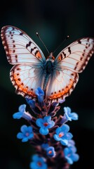 A close-up of a butterfly perched on vibrant blue flowers in a natural setting.