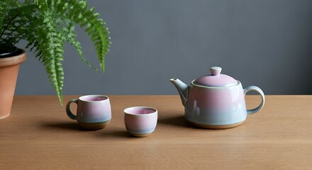 Fototapeta premium Stylish pastel ceramic teapot and two cups featuring a soft pink and blue gradient, placed on a light wooden surface, concept for home decor, tea shop branding and lifestyle blogs