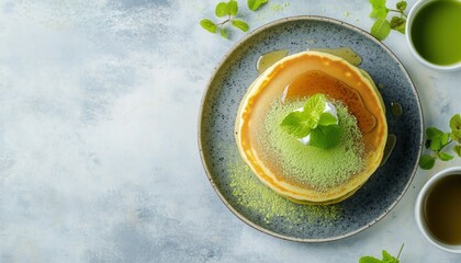 Fluffy pancake topped with matcha powder, syrup, whipped cream, and mint on a plate.