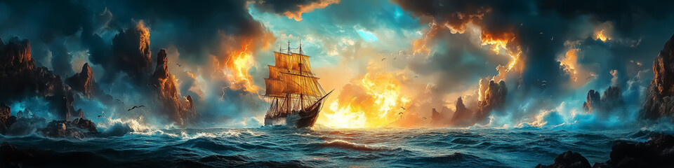 Obraz premium Epic maritime scene featuring a ship sailing through turbulent waters at sunset, perfect for wall art, posters, and inspirational design.