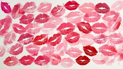 Overlapping Pink and Red Lip Prints on White Background