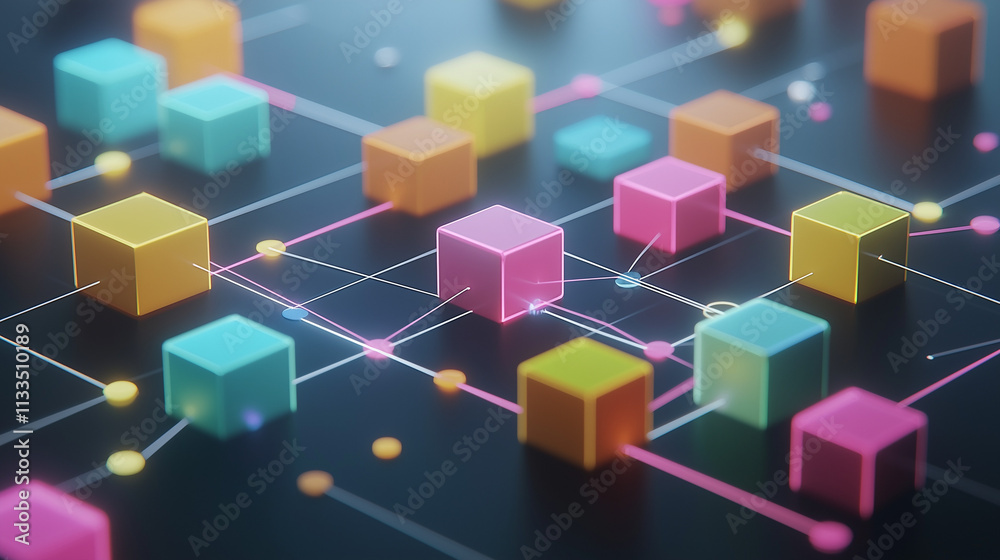 Poster abstract 3d rendering of interconnected colorful cubes representing data nodes, network connections,