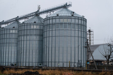 Obraz premium Metal silos for grain storage stand near farms under a gray sky, highlighting rural industry
