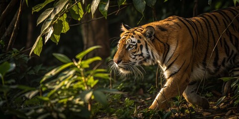 Majestic Bengal Tiger Stalking Through Dense Jungle in Golden Light 