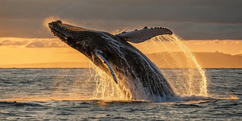 Humpback Whale Breaching at Sunset in Ocean Waters