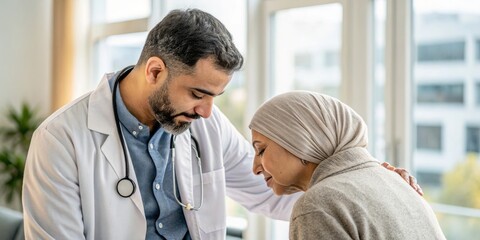 Compassionate Male Doctor Comforting Patient in Bright Medical Clinic, Supportive Healthcare Setting 
