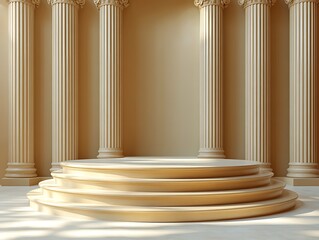 Elegant classical podium with ornate pillars and soft golden tones for a sophisticated interior