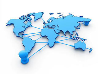 Naklejka premium Blue 3D world map with connected lines representing global communications
