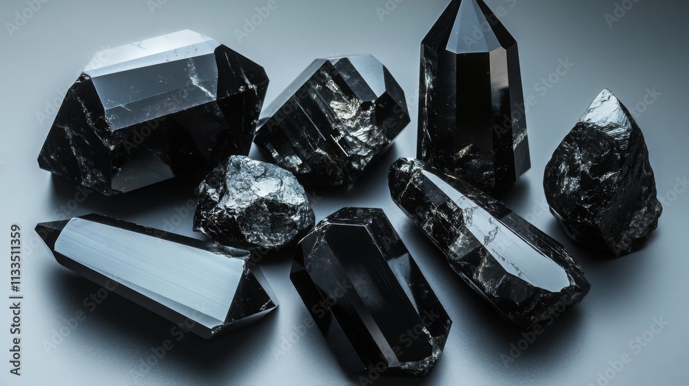 Poster a variety of polished black gemstones are displayed neatly on a smooth surface.
