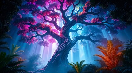 Fototapeta premium surreal fantasy tree with radiant colors glowing in an ethereal forest for cover art or sci-fi concepts