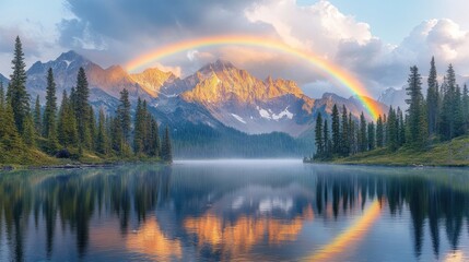 Obraz premium Majestic rainbow arching over a serene mountain lake reflecting golden sunlight and snow-capped peaks.