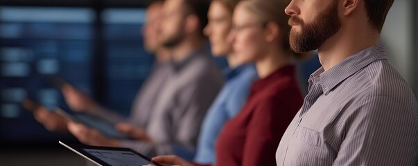 Team reviewing business continuity plans on digital tablets, business continuity, adaptive planning