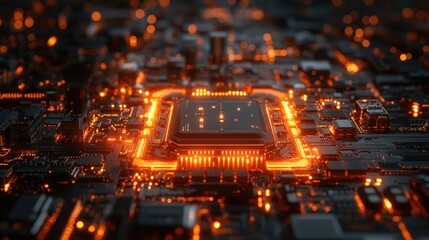 Obraz premium Glowing orange CPU on dark circuit board.