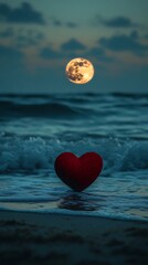 Fototapeta premium Full moon rising over heart-shaped beach at night photos
