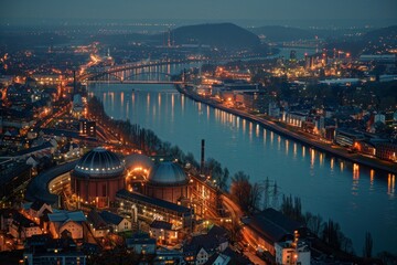 Fototapeta premium Illuminated Gasometers and Cityscape at Night with River, Citylights, Reflections on Water