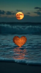 Fototapeta premium Heart-shaped beach under full moon night sky image