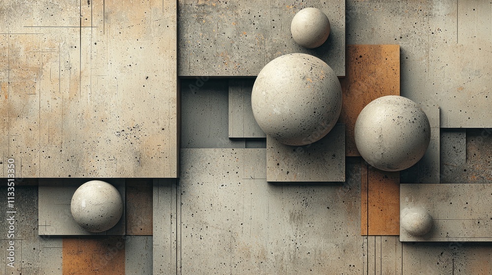 Aufkleber An intriguing display of overlapping geometric shapes showcases a mix of smooth spheres and angular rectangles. The muted color palette enhances the artistic appeal, revealing a symmetrical balance