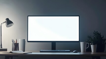 Modern workspace with a blank monitor and desk accessories during evening hours