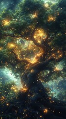 Fototapeta premium A mystical tree illuminated with glowing lights, set in a serene, enchanting environment.