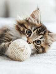 A fluffy kitten with wide eyes plays with a ball of yarn, exuding pure curiosity and innocence on a soft, light background.
