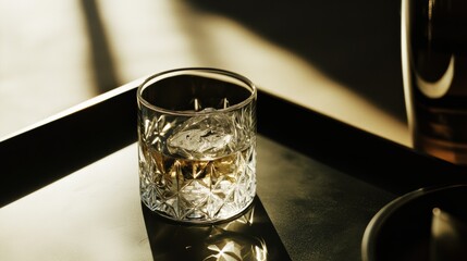 Barrel-aged gin in a minimalist crystal tumbler with a pale straw hue, served neat on a sleek ebony tray, capturing delicate highlights and refined presentation.