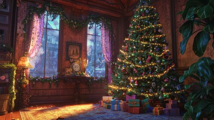 Fototapeta premium Festive Family Fun: Cheerful Christmas Tree Decoration in Photorealistic Artwork