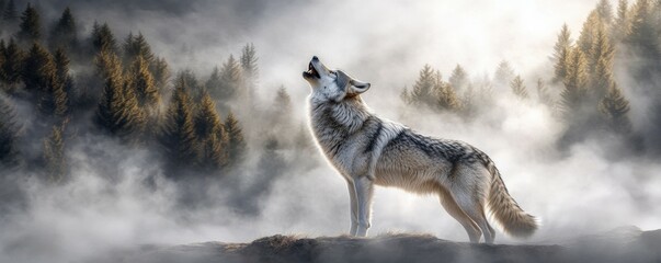 Lone wolf howling against misty forest backdrop, sharp detailed fur, intense eyes capturing wilderness spirit