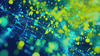 A green and blue background with many small squares