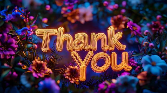 Glowing "Thank You" surrounded by vibrant flowers.
