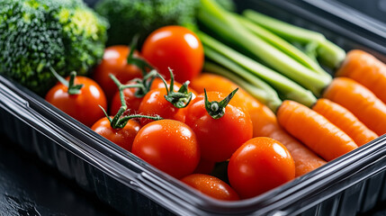 A neatly packed plastic container showcasing an assortment of vibrant vegetables, ready for a healthy light meal or snack, with tomatoes, carrots, and broccoli.