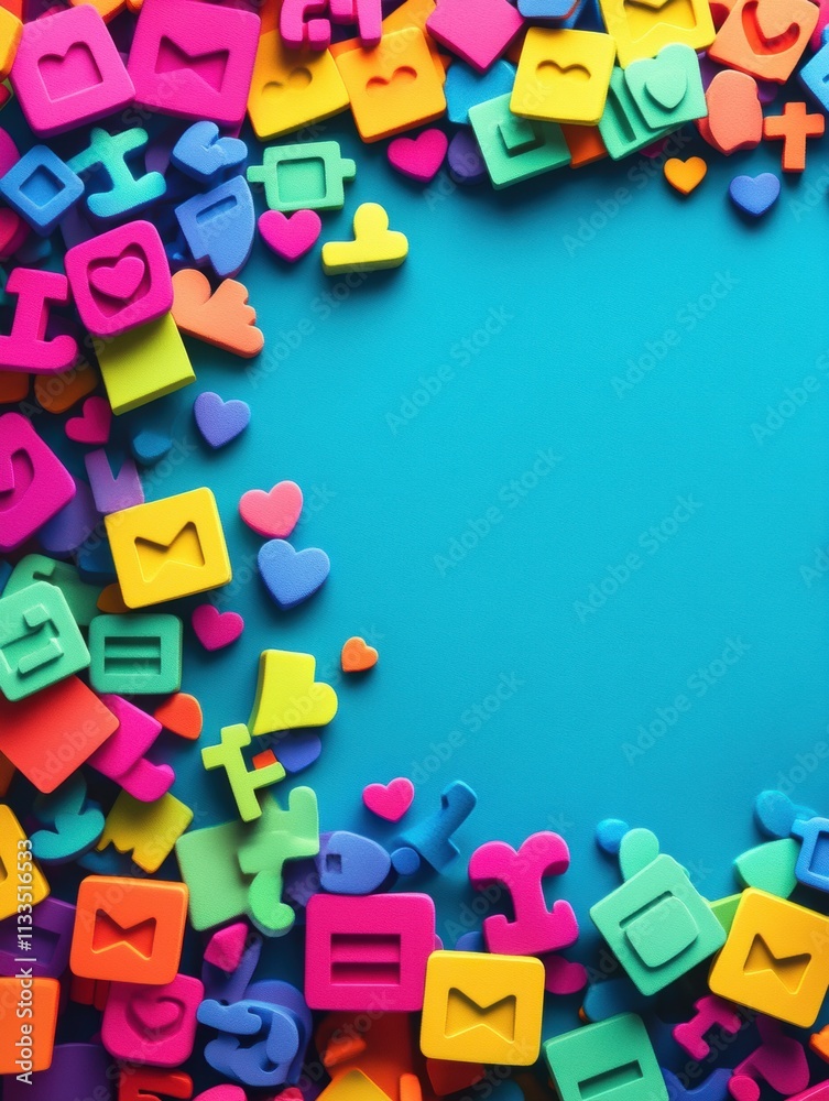 Aufkleber brightly colored hashtag and like icons lay scattered on a turquoise background, illustrating a live