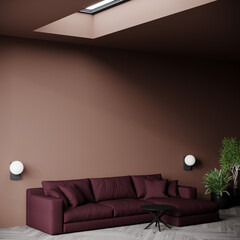 Modern living room with sofa in plum mauve color. Accent tone 2025 mocha mousse chocolate walls. Minimalistic interior design lounge. 3d render