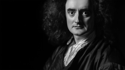 Isaac Newton black-and-white portrait, historical reconstitution of the 17th-century scientific pioneer.
