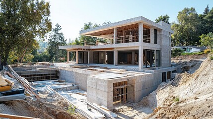 In a tranquil setting, a luxury home takes shape with sleek lines and modern architecture. Workers and machinery are busy at the construction site, surrounded by lush greenery
