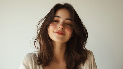 Naklejka premium A young Latina woman smiles softly while straightening her shiny brown hair, the minimalist white backdrop enhancing her natural beauty.