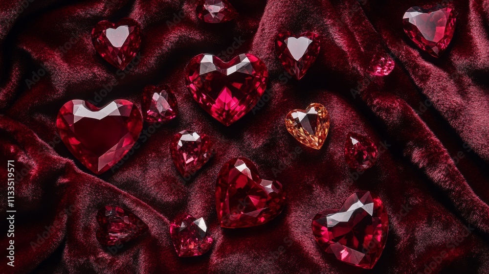 Aufkleber A collection of heart-shaped red gemstones is artistically arranged on deep red velvet fabric. The various sizes of the gemstones reflect light beautifully, creating an elegant display.