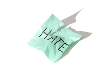Word "hate" on crumpled paper