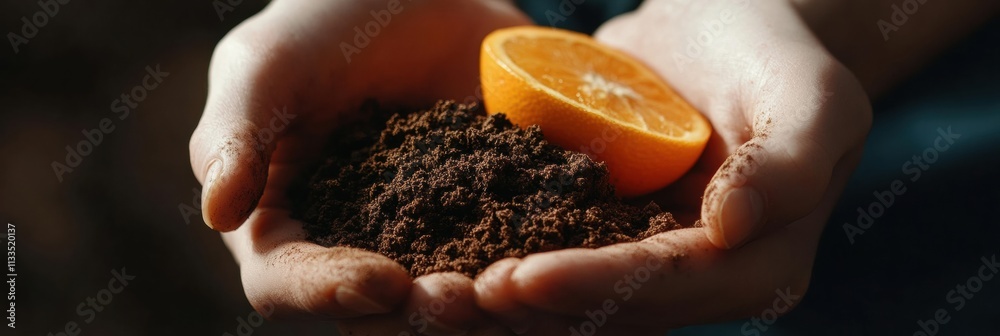 Poster hands filled with fertile soil cradle a vibrant orange slice, symbolizing growth and the connection 