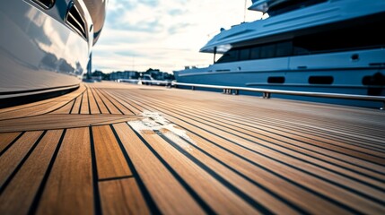 Fototapeta premium A detailed shot of a luxury yacht's wooden deck, emphasizing the smooth woodwork and craftsmanship. The scene includes other docked boats, providing a sophisticated view of life on the water.. AI