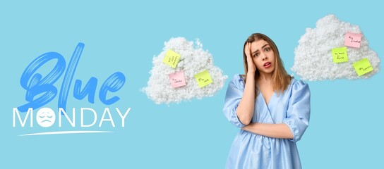 Troubled young woman with sticky notes, clouds and text BLUE MONDAY