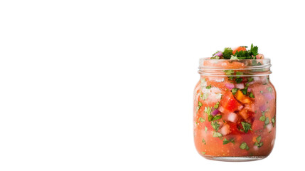 Fresh Salsa in Glass Jar with Colorful Ingredients and Herbs