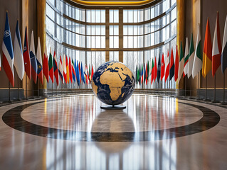 Globus im Innenraum umgeben von internationalen Flaggen

