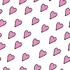 Seamless pattern of pink hearts in doodle style on white background