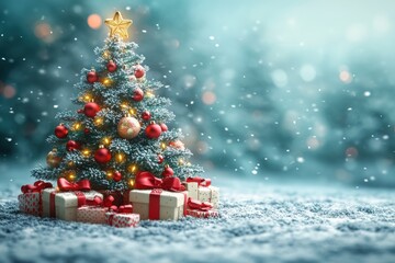 Obraz premium Christmas tree with gifts is standing on snow during a snowfall