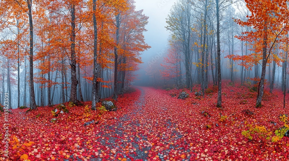 Poster a tranquil forest comes alive with the brilliance of autumn foliage as fallen leaves create a vibran
