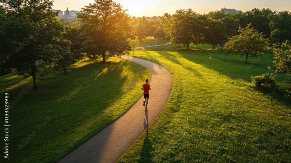 Poster a solitary runner makes their way along a winding path in a lush green park as the sun sets, casting